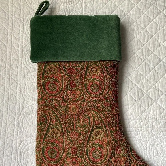 Pottery Barn Paisley Wool Jacquard And Velvet Stocking Green Red Gold - Picture 3 of 8